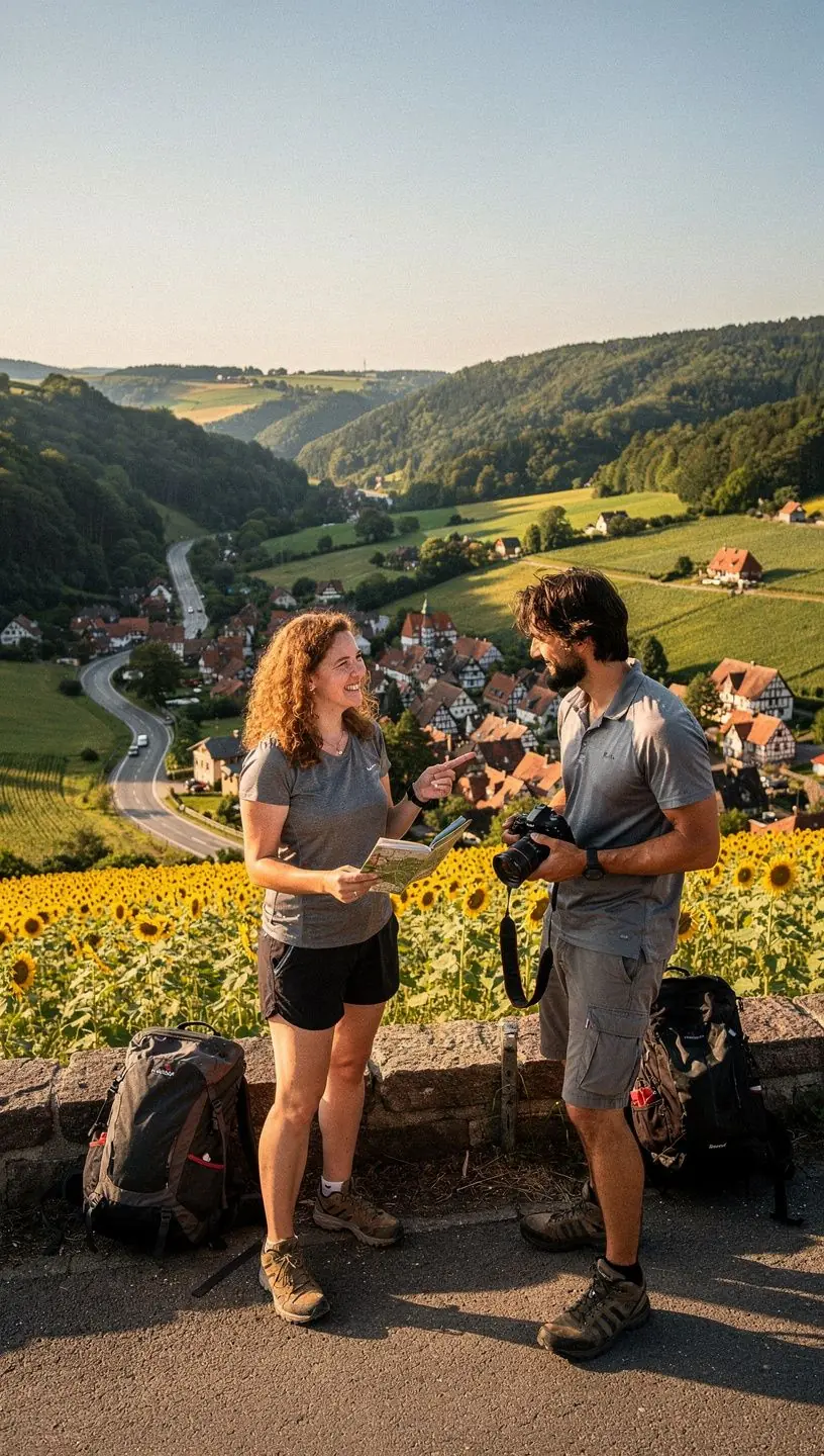 Fahrzeug auf malerischer Route in Deutschland mit Symbolen für Parkplätze und Ruhepausen, ideal für die Planung einer entspannten Reise.